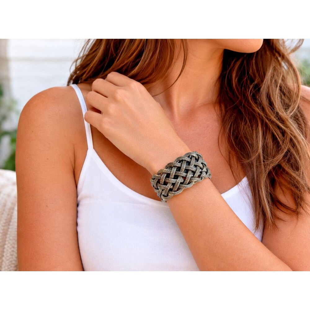 Wide Gunmetal Tone Mesh Silver Black Woven Braided Bracelet Magnetic Clasp